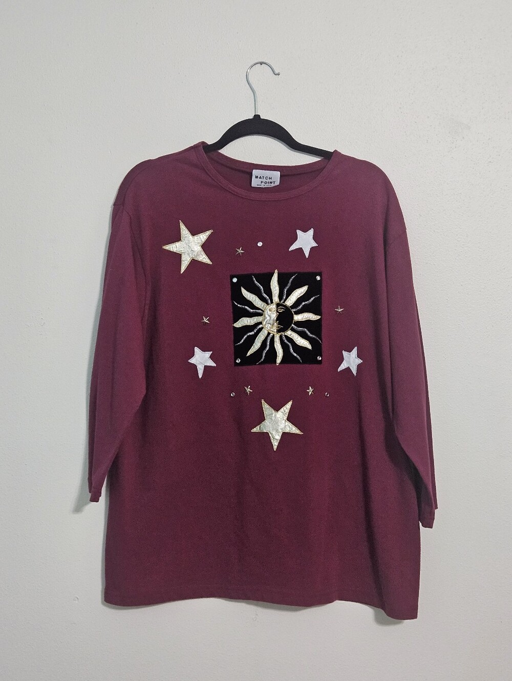 Vintage 90s Match Point Celestial Sun Moon Star Graphic Top Maroon Burgundy OS